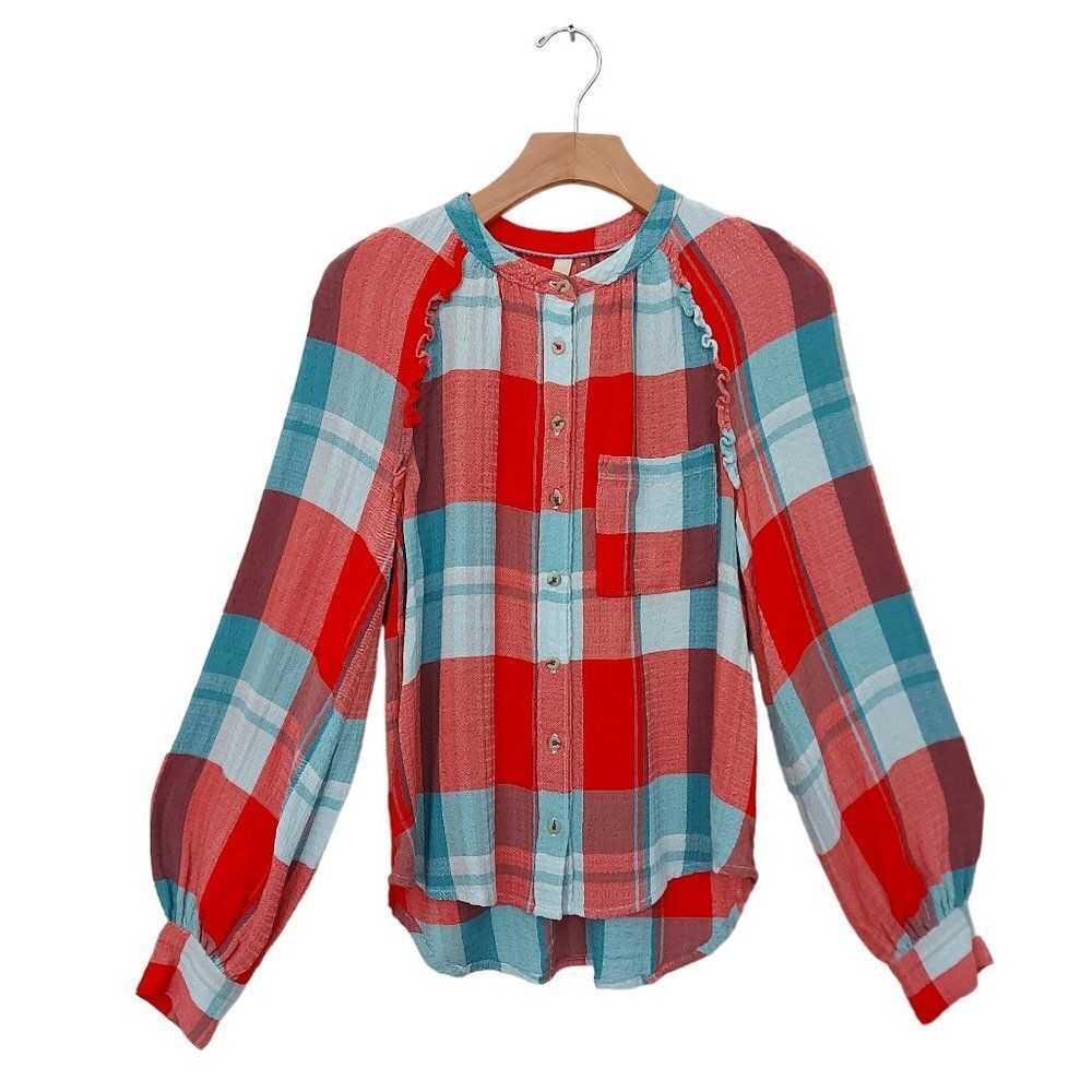 Anthropologie Pilcro Breeze Plaid Blouse Womens XS Red Blue Button Raglan Sleeve